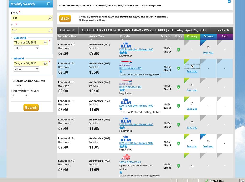 Business Economy First The green tick above shows that these flights are all within policy.