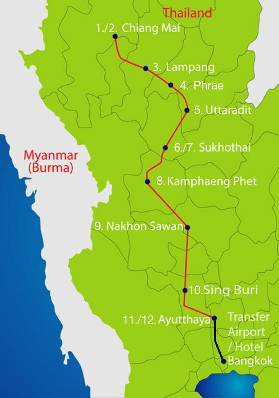 com Tour F, Chiang Mai Ayutthaya (Bangkok) Cultural highlights from enchanting Northern Thailand through the fertile central plain 12 days, 11 nights, 1 rest day, 8 cycling stages from 75 to 130 km /