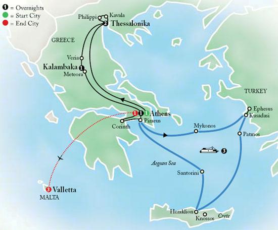 Included Features ATHENS: Welcome and farewell dinners; guided sightseeing, visit the Acropolis and Areopagus CRUISING: Three-night cruise to Mykonos, Patmos, Heraklion, Santorini THESSALONIKA: