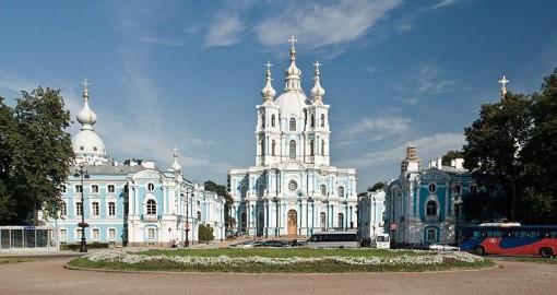 You will be studying in a building in Смольный монастырь, which is located behind the Smolny Cathedral, pictured below.