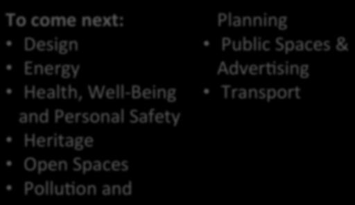Health,WelldBeing andpersonalsafety Heritage OpenSpaces Pollu'onand Planning PublicSpaces&