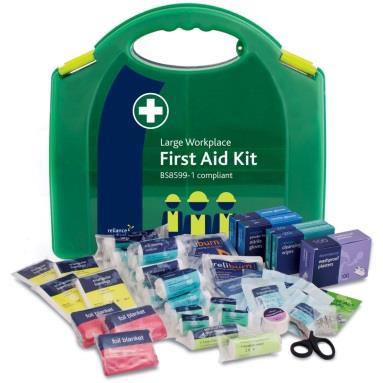 First Aid Kits First Aid Kits should be easily accessible, preferably placed near to hand washing facilities and identified by a white cross on a green background.
