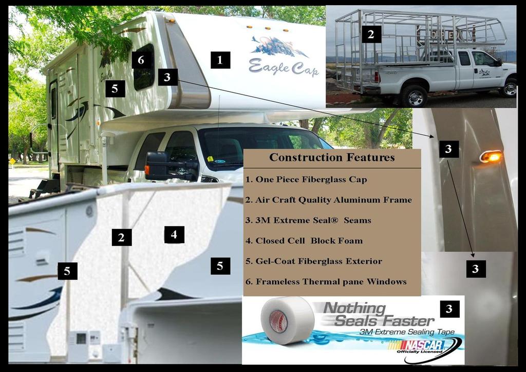 EAGLE CAP CONSTRUCTION 1. GEL-COAT AERODYNAMIC TWO-TONE FIBERGLASS FRONT CAP! No other camper is built with these structural components tougher, stronger, better sealed!