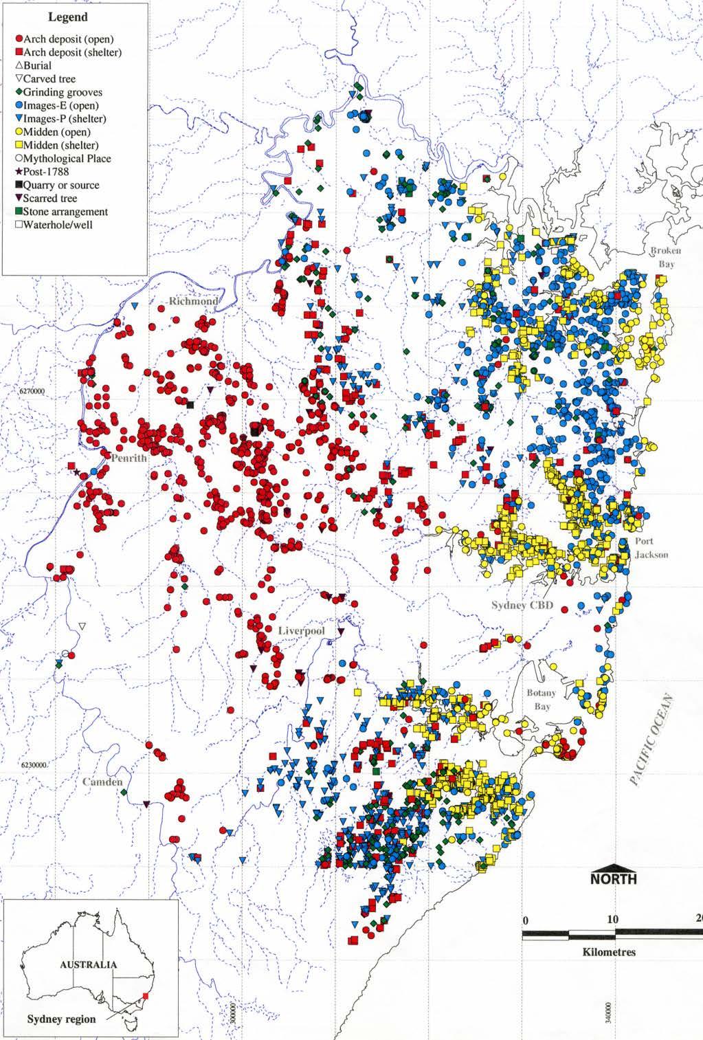 ARCHAEOLOGICAL SITES DISTRIBUTION OF ABORIGINAL SITES IN THE SYDNEY REGION, 2002