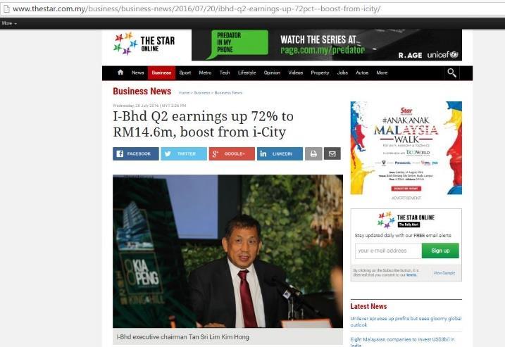 News & Articles I-Bhd Q2 earnings up 72% to RM14.6m, boost from i- City 20 July 2016, The Star http://www.thestar.com.