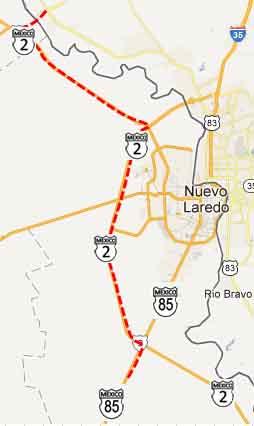 N 13 S Mexican Customs Visitors Visas Car Permits Parking TURN LEFT to Nuevo Laredo/ Monterrey Puente Internacional Solidaridad Colombia KM 33 U S A M E X I C O Toll AFTER TURN HWY 2 US Customs