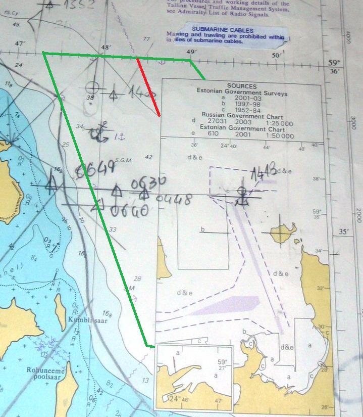Red line represents the non-existing cables location on UKHO BA Charts. Green line is showing the limits of the anchorage area visibile on the UKHO Chart No 2227. Scale 1:50