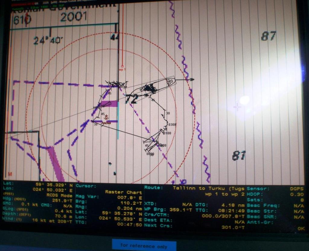 Figure 9: Picture taken from the monitor of the raster chart used on board Kyeema Spirit with a swing circle clearly visible.