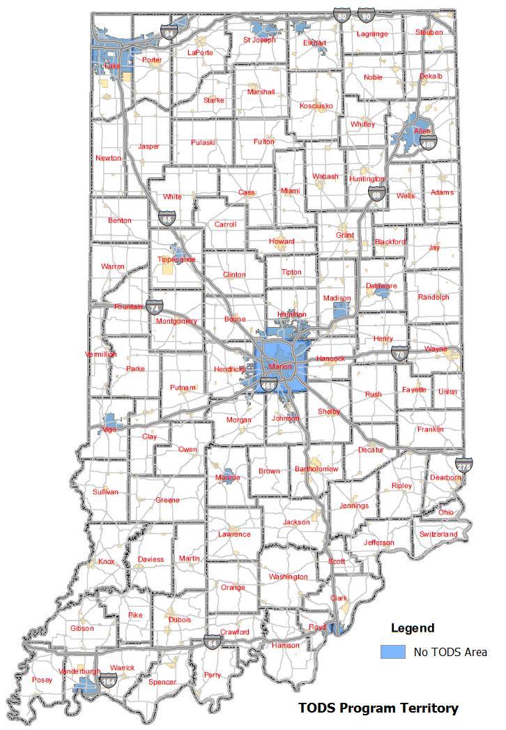 TODS Program (Cont d) Urban Areas Not Served By TODS Program Indianapolis Fort Wayne Evansville Gary South Bend Elkhart Bloomington