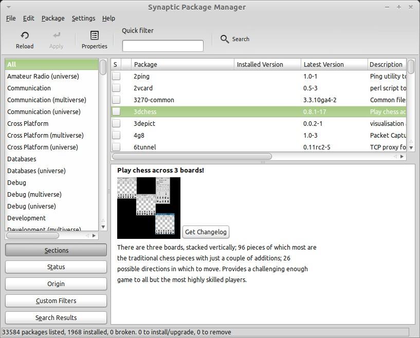 Package Manager (upravljanje paketima) dugme pokreće program koji se zove Synaptic.