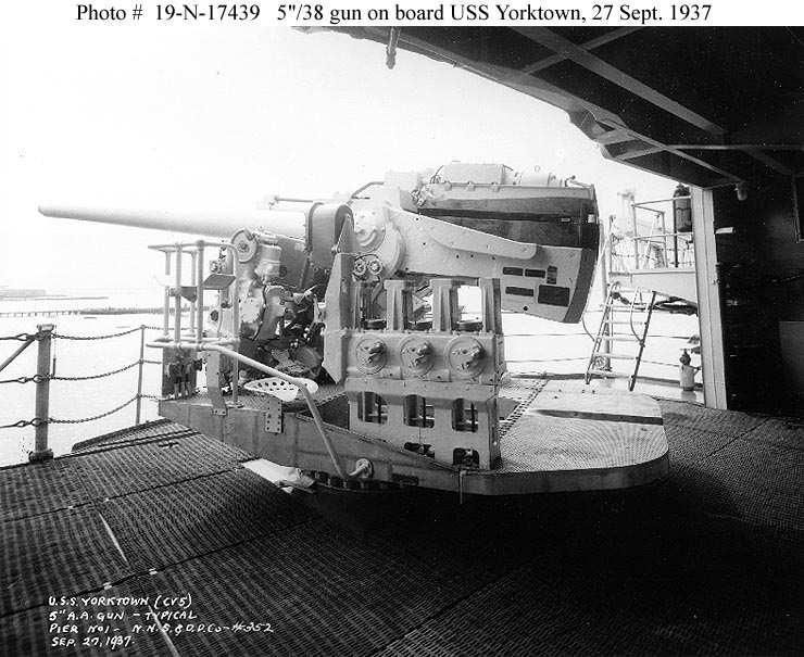 The 5-inch, dual-purpose open mounts located along the sides of the American carriers (one of which is shown here) had two disadvantages.