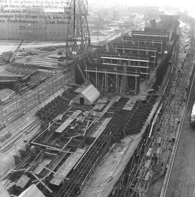 Progress photos indicate shipbuilding practices utilized did not include much subassembly work, if there was any at all.