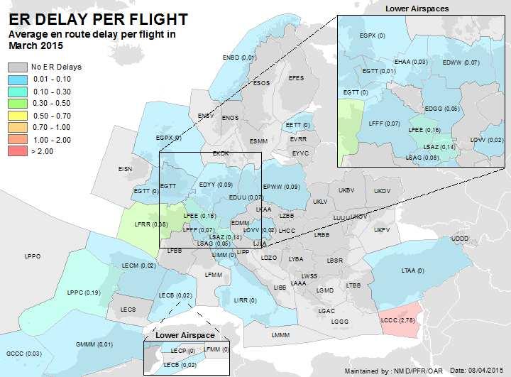 EN-ROUTE ATFM DELAY PER FLIGHT En-route delay per flight (min) 3,5 3,0 2,5 2,0 1,5 1,0 0,5 0,0 2,78 NICOSIA ACC Top 20 delay locations for en-route delays in March 2015 0,38 0,19 0,16 0,14 0,10 0,09