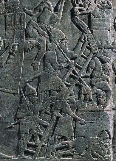 Assyrian Sculpture This relief shows ferocious Assyrian warriors attacking a fortified city. A relief is a sculpture that has figures standing out from a flat background.