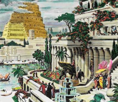 This is an artist s rendering of the legendary hanging gardens of Babylon. Slaves watered the plants by using hidden pumps that drew water from the Euphrates River.