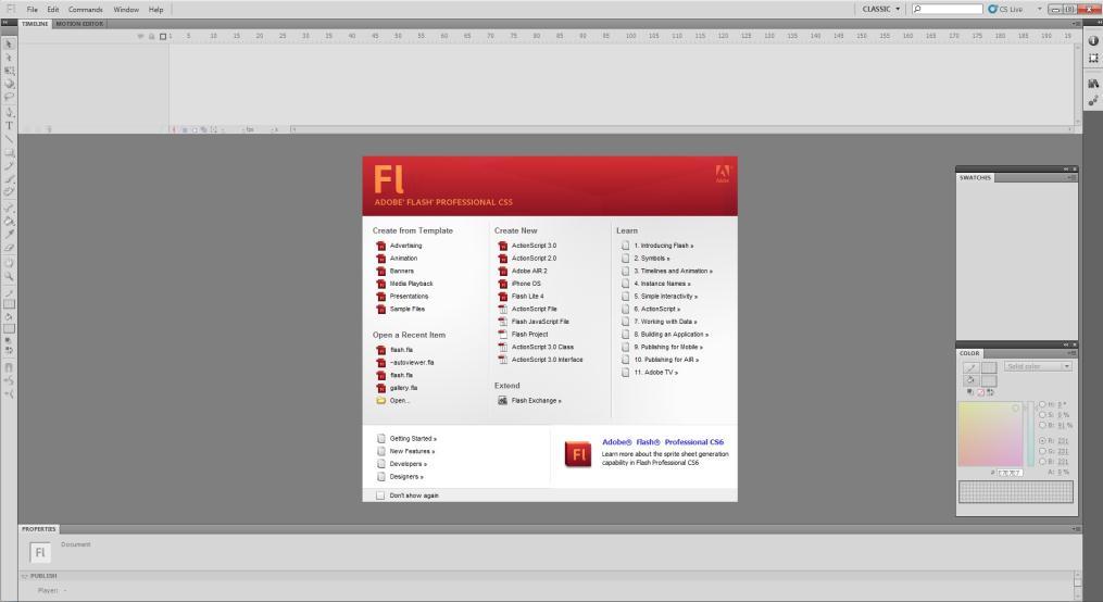 Изглед Adobe Flash-а Као што видимо на слици у доњем левом углу имамо опцију Open помоћу које отварамо већ