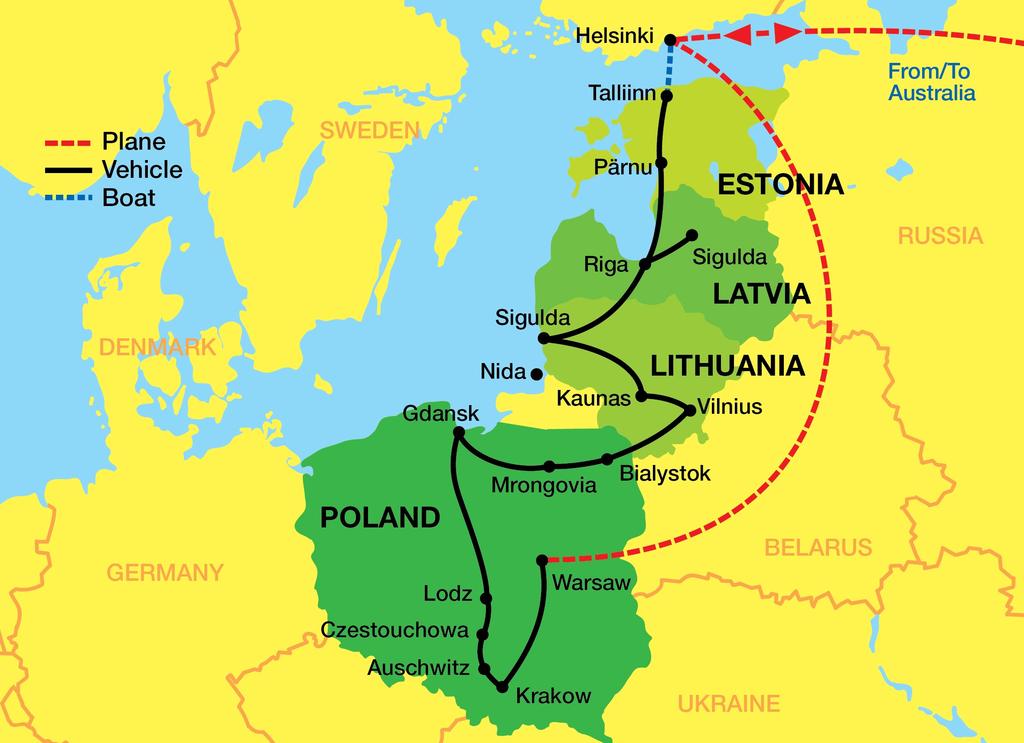 THE BALTIC COUNTRIES & POLAND ITINERARY Day 1, Monday 3rd September DEPARTURE Depart Australia for Helsinki. The group is travelling on numerous flight departures from various cities.