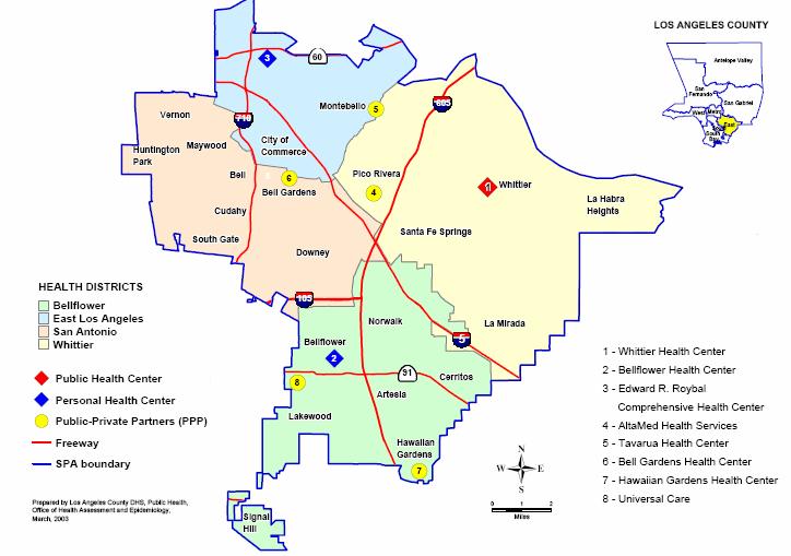 SPA 7: East Incorporated Cities include: Bellflower Health District: Artesia Bellflower Cerritos Hawaiian Gardens Lakewood Norwalk Signal Hill East Los Angeles Health District: City of Commerce East