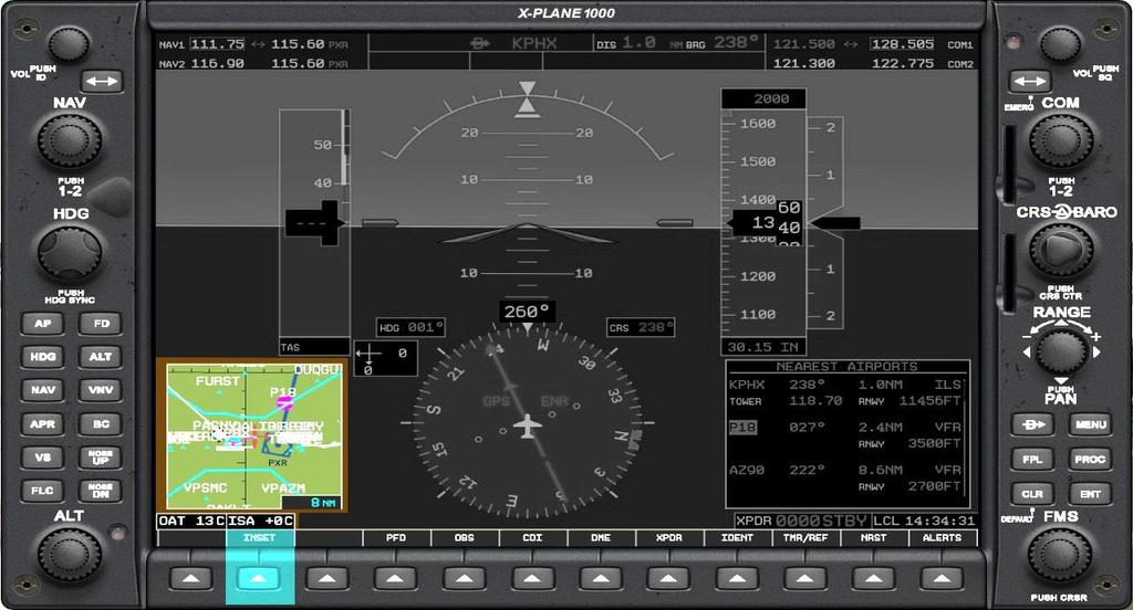 [PFD] Invoking the Inset Map The X1000 PFD features an inset navigation map that, when invoked, appears in the lower-left of the main display. This is centered around the aircraft s current location.