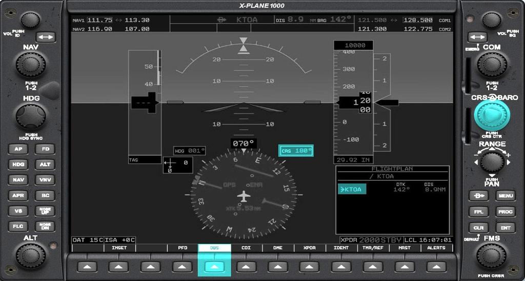 [PFD] The OBS Function The Omni Bearing Selector (OBS) function provides the pilot with the capability to fly to, or from, any waypoint or fix via a chosen bearing (instead of directly).