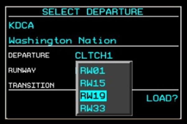 The SELECT DEPARTURE page displays the available departure procedures for the initial waypoint (departure airport) in the flight plan.