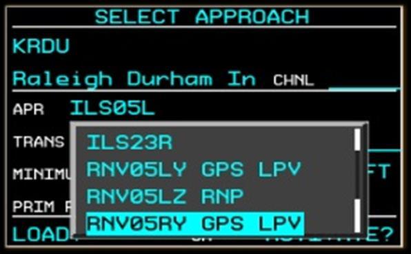 The SELECT APPROACH page displays the available approach procedures for the final waypoint (arrival airport) in the flight plan.