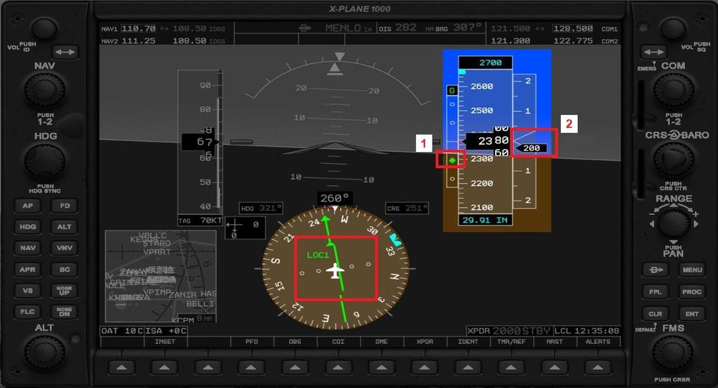 [PFD] The Course Deviation Indicator (CDI) If the ILS frequency was tuned to NAV1, click the CDI button once to select LOC1.