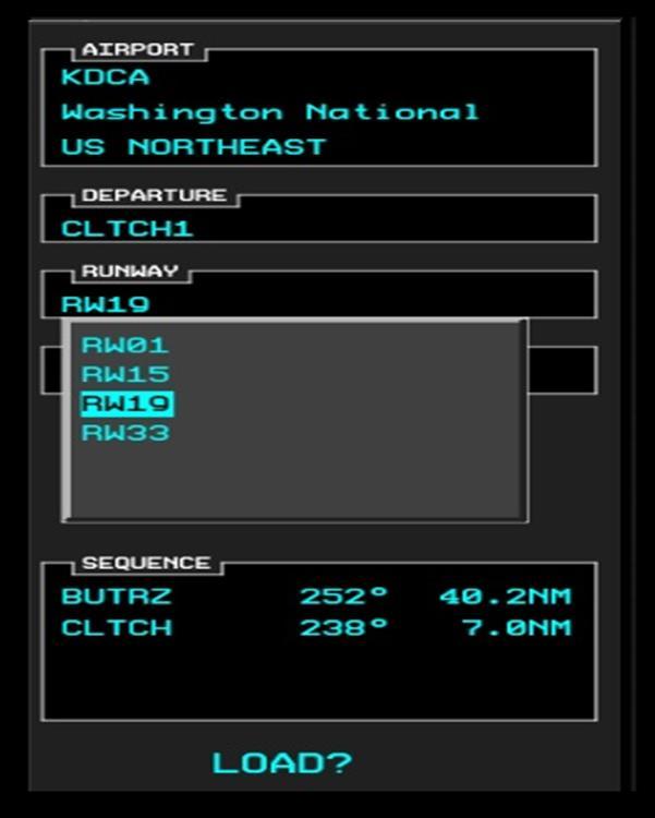 The SELECT DEPARTURE page displays the available departure procedures for the initial waypoint (departure airport) in the flight plan.