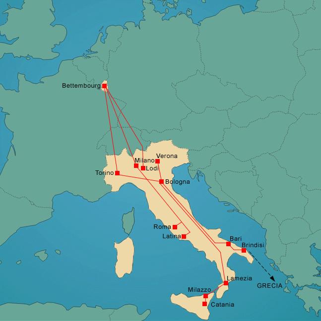 Traffic Italy-Luxembourg DAILY OR PLANNED DEPARTURES on the relations: NOVARA-BETTEMBOURG and vv. SEGRATE-BETTEMBOURG and vv. LODI-BETTEMBOURG and vv. TORINO-BETTEMBOURG and vv.