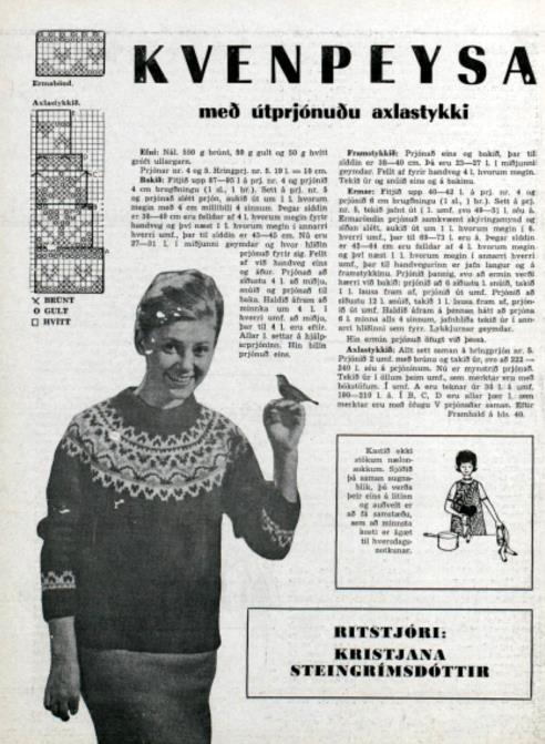 479 Í Eldhúsbókinni árið 1962 birtist uppskrift af barnapeysum með lopapeysumunstri úr lituðu garni og virðast þær vera úr erlendu blaði.