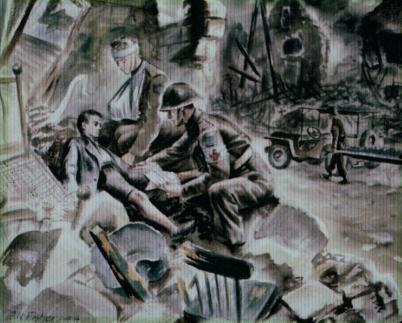 tending to a civilian casualty in the rubble