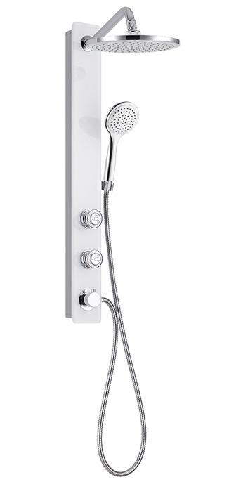 Aloha Shower System Aloha Shower System includes a durable white Tough Glass panel, chrome fixtures, 8 rain showerhead, 2 pulsating body jets, and multi-function 