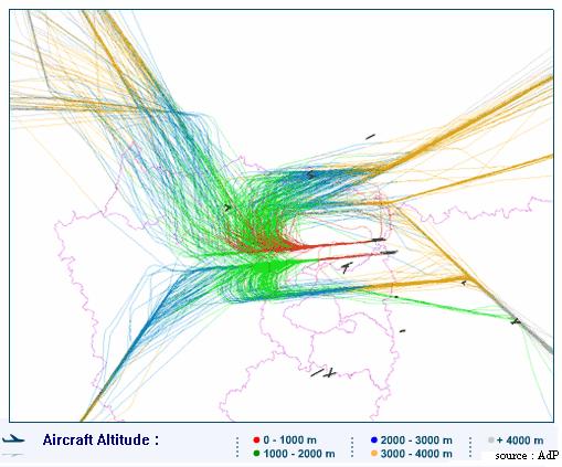 This radar image shows both the arriving and departing traffic for one day at Charles de Gaulle airport. We get an idea of the density of the traffic above the terminal area.