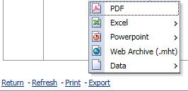 Export (Izvezi) omogućava korisnicima da preuzmu podatke u obliku liste u jednom od formata datoteka navedenih u tablici ispod: Kategorija izvoza datoteka Opcija izvoza datoteka Vrsta datoteke PDF