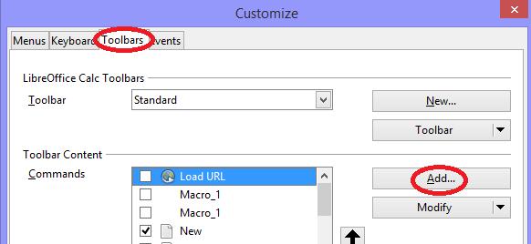 Dodijeliti makronaredbu gumbu na alatnoj traci Odabrati View -> Toolbars -> Customize, te potom kliknuti na Add.