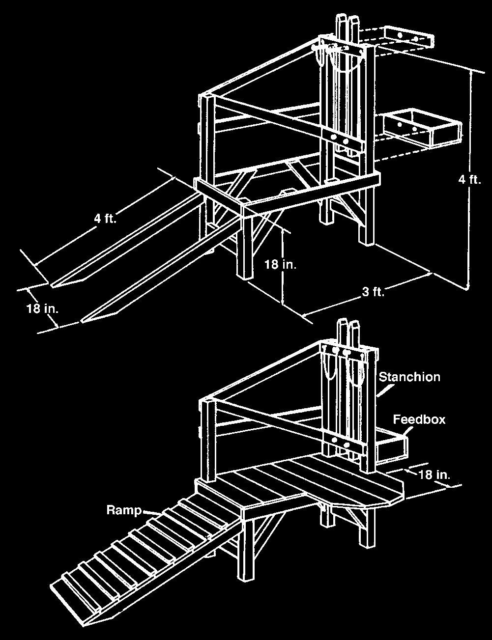 Figure 6. Goat milking stand showing stanchion, feedbox, railing, and ramp.