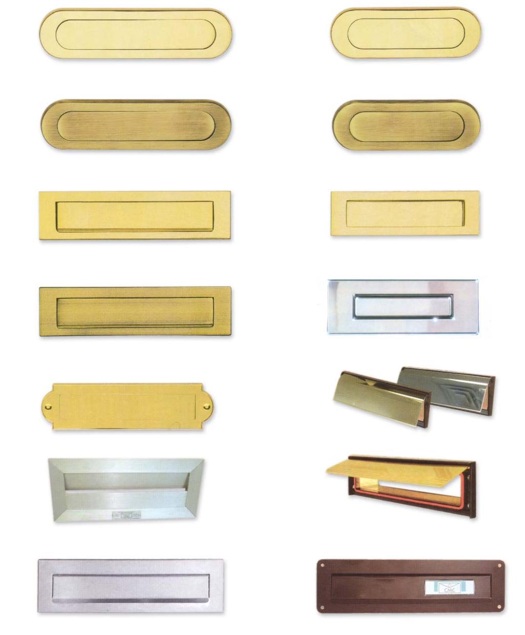 Letter plates - Mail slots & Internal flaps 4980 Polished solid brass 3 1/8 x 13 (80 x 330) 4981 Polished solid brass 3 1/8 x 10 (80 x 255) 4992 Antique solid brass 3 1/8 x 13 (80 x 330) 4993 Antique