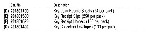 Log all issued keys into the Key Loan Register to keep a written record. All cabinets include a complete set of numbered key tags, receipt slips and holders, and key collection envelopes.