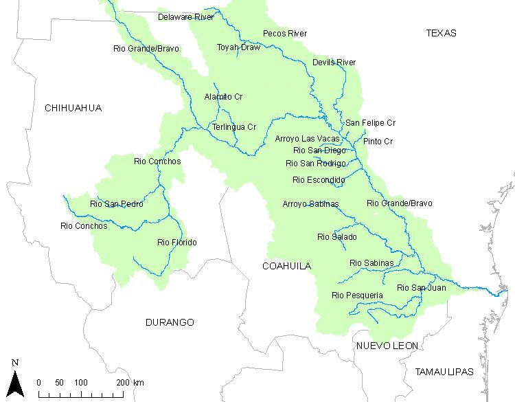 Figure 9: Main Tributaries of the Rio Grande/Bravo included in the WEAP Model The Upper subbasin includes the main stem of the Rio Grande/Bravo from Elephant Butte Reservoir to above the confluence