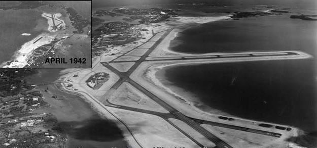 History of the L.F. Wade International Airport The airfield was built between 1941 and 1943 by levelling Long Bird Island and several smaller islands, and filling in the waterways between them and St.