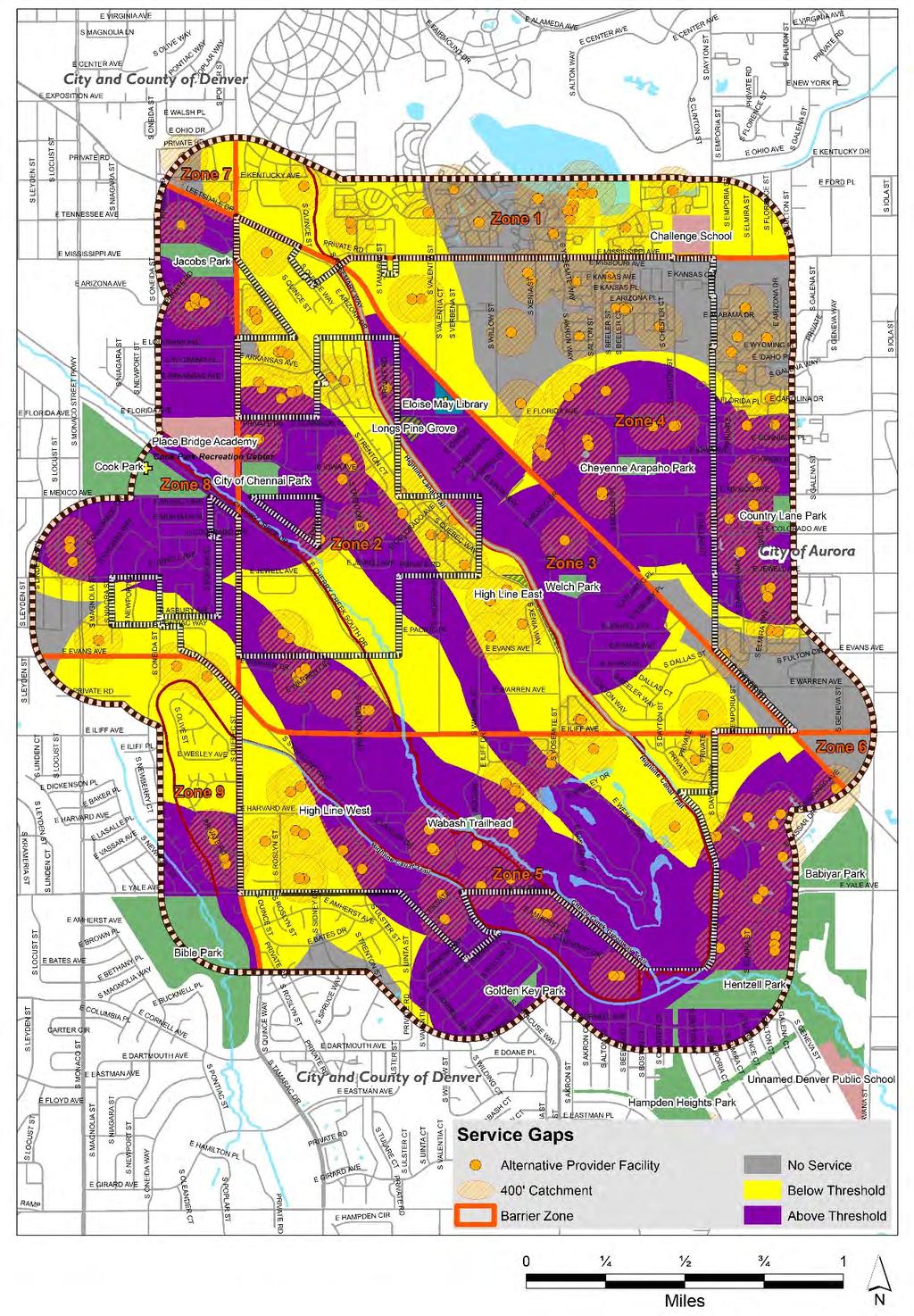 Map 10: Alternative providers are shown here overlaid on the walkability threshold map.