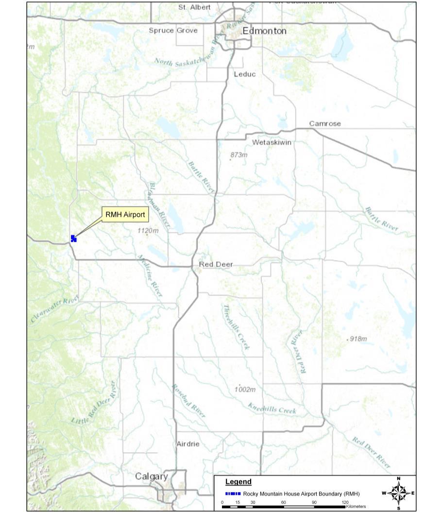 2.0 Present Conditions 2.1 Geographic Context The Rocky Mountain House Airport (NW ¼ sec 11, TWP 40, RGE 7, W5M) is located in Clearwater County, 5.6 km northeast of Rocky Mountain House.