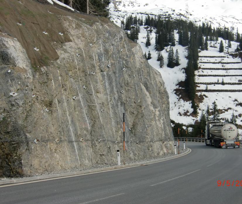 One of the new rock cuts stabilized with TECCO SYSTEM³ - visible nails offset and minimal visual impact The