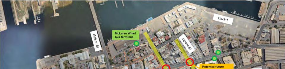 A suggested pedestrian movement network and bus stop plan for the Port Adelaide Centre in the short and medium term is shown in Figure 5.