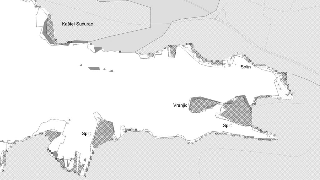 Izvješće o društvenom razvoju - Hrvatska 2008 Obalno područje i porast razine mora 75 Slika 5-5: Prikaz poplavljenog kopna nakon porasta razine mora od 0,50 metara (svjetlosiva) i od 0,88 m