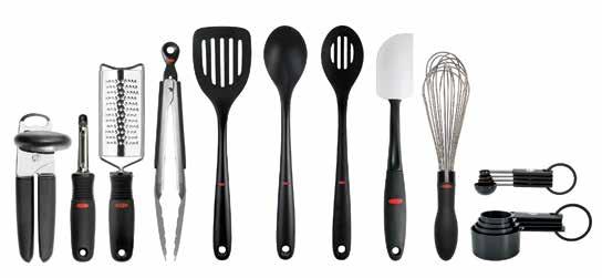 17 Piece Culinary Tool & Utensil Set Set includes: Can Opener, Swivel Peeler, Grater, 9" Tongs, Nylon Square Turner, Nylon Spoon, Nylon Slotted Spoon, Silicone Spatula white, 11" Balloon Whisk, 4