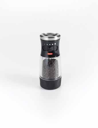 Grinder is sold filled with sea salt Pepper Grinder Tab rotates to adjust Grinder settings from fine to coarse Grind and serve from the
