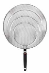 Splatter Screen Handle folds in for compact storage Fits frying pans up to 13" wide Perforated stainless steel will not bow or warp Soft, comfortable, non-slip handle locks securely in open position