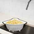 legs extend to rest over sink or fold down for use as a traditional colander Legs collapse for compact