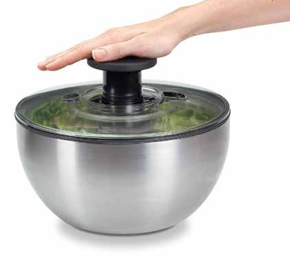 SteeL Salad Spinner Easy, one-handed operation Patented pump mechanism and brake button Clear lid displays contents and comes apart for easy cleaning Sturdy,